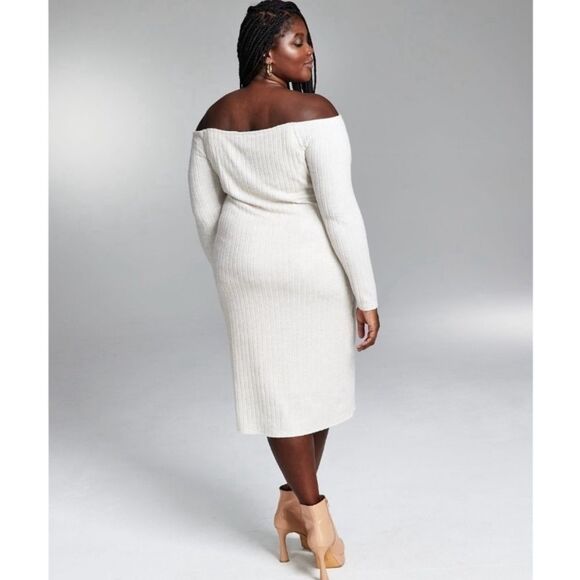 Bar III Women's Plus Size White Off the Shoulder Long Sleeve Sweater Dress 4X - Picture 2 of 7
